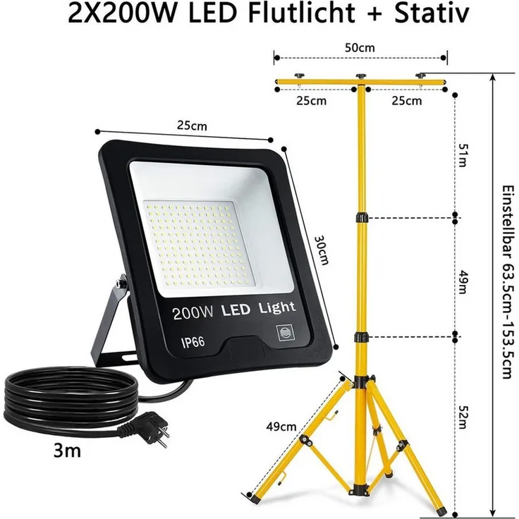 FIVMEN LED Flutlichtstrahler LED Baustrahler 2x100W LED Fluter Strahler mit Stativ und 3M Kabel, für Innen-und Außenbereich, Garage, Baustelle, Sportplatz