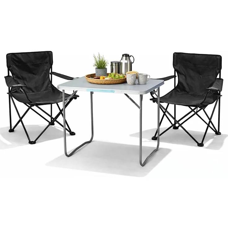 3-teiliges Campingmöbel Set Schwarz XL Tisch 80x60x68cm + Anglersessel