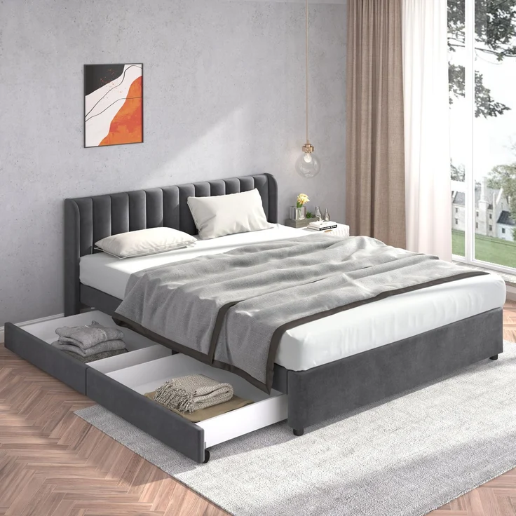 Polsterbett 180×200 cm aus Samt-Stoff mit Lattenrost und zweißSchubladen, grau – Bild 3