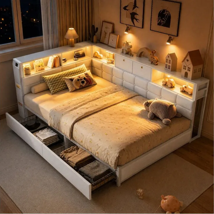 Furnishings Home Polsterbett Daybett LED Stauraumbett Tagesbett (1-tlg, mit Lattenrost und Ladefunktion, mit Komforthöhe, Leises Design Bett), Mit LED-Beleuchtung, Ladefunktion, Leinen, 140x200 cm