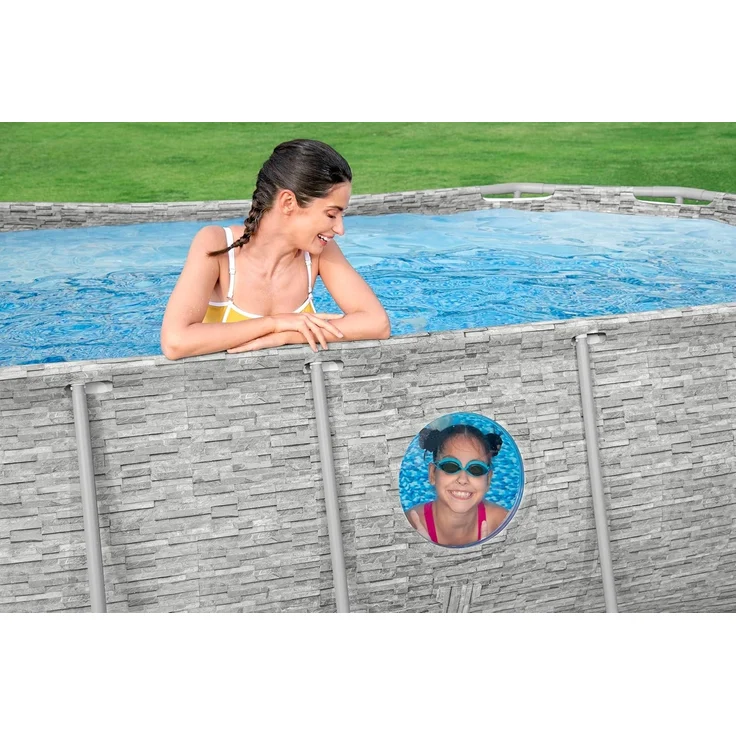 Bestway Power Steel Swim Vista Series Frame Pool Komplett-Set mit Filterpumpe 427 x 250 x 100 cm, Steinwand-Optik (Cremegrau), oval – Bild 8