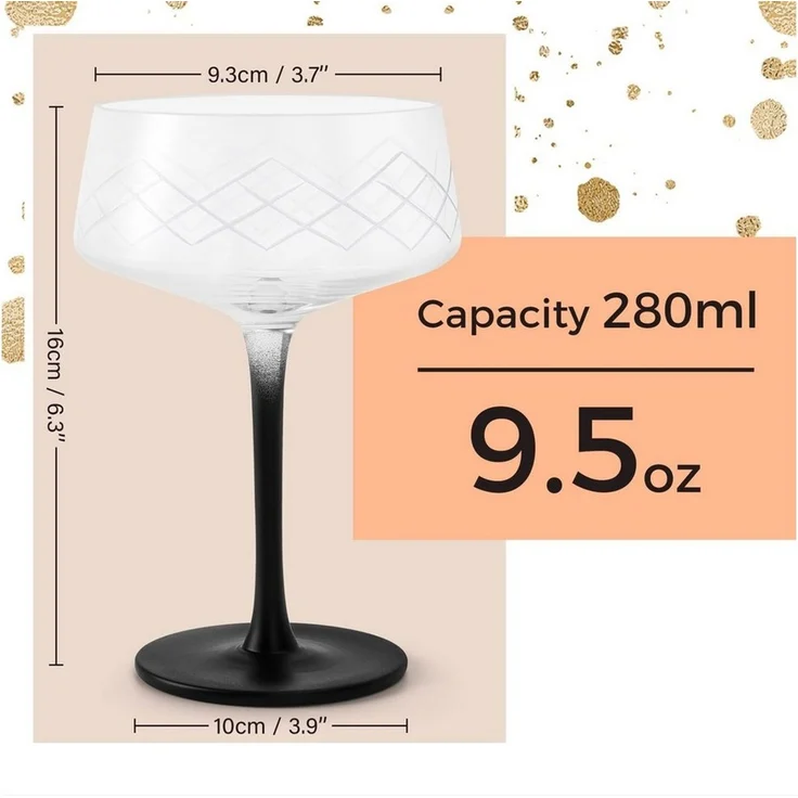 MiaMio Cocktailglas Crystaluna Coupe, 280 ml, schwarzer Stiel, 4-tlg, Glas, mit Barlöffel – Bild 3