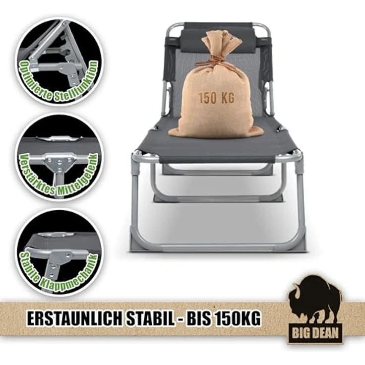 BigDean Sonnenliege klappbar mit Kopfkissen extra hoch dunkelgrau 150 kg belastbar - hochwertige Gartenliege für Balkon, Garten & Strand – Bild 6