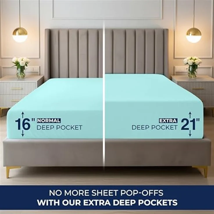 Utopia Bedding Queensize-Spannbetttuch mit extra tiefen Taschen, passend für Matratzen bis zu 53 cm, schrumpf- und farbbeständig, pflegeleicht, nur 1 Spannbetttuch mit tiefen Taschen, Spa-Blau – Bild 3