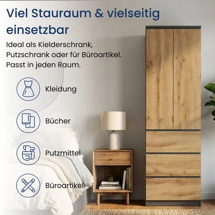 Home Collective Kleiderschrank Garderobenschrank Mehrzweckschrank Schrank platzsparend & vielseitig (50x40x180,5 cm (BxTxH), ideal für Schlafzimmer Flur & Arbeitszimmer) mit 2 Türig 3 Einlegeböden & 3 Schubladen in anthrazit-eiche – Bild 2