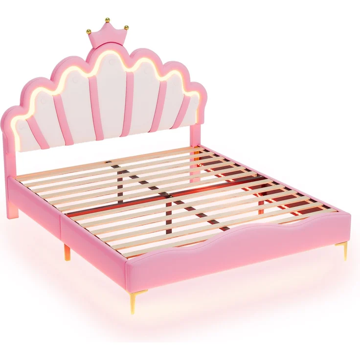 140*200cm Flaches Doppelbett, kronenförmiges Prinzessinnenbett, weiche Polsterung aus PU-Leder, verstellbarer LED-Umgebungslichtstreifen,Rosa – Bild 10