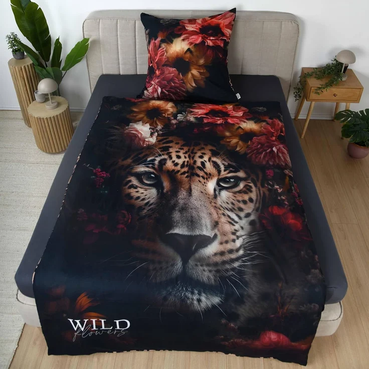 Bettwäsche Wild Flowers Leopard Animalprint 100% Baumwolle 135x200 – Bild 3