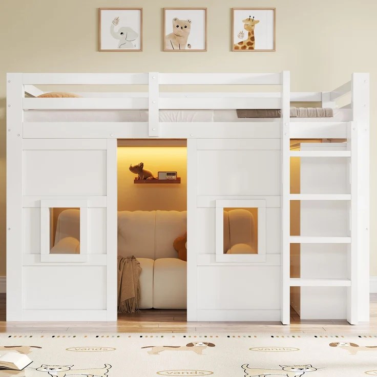 90 x 200 cm großes Hochbett aus Holz mit integriertem Kleiderschrank, 2 Fenstern und LED-Beleuchtung, weiß – Bild 5