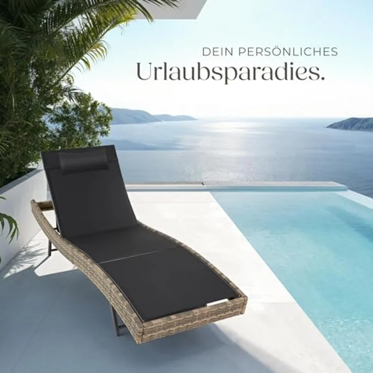 tectake® Sonnenliege, 6-Fach verstellbare Rückenlehne, Gartenliege wetterfest, Poolliege mit Kopfkissen, Outdoor Liege, UV-beständig, Strandliege für Garten, Terrasse und Balkon - Natur – Bild 8