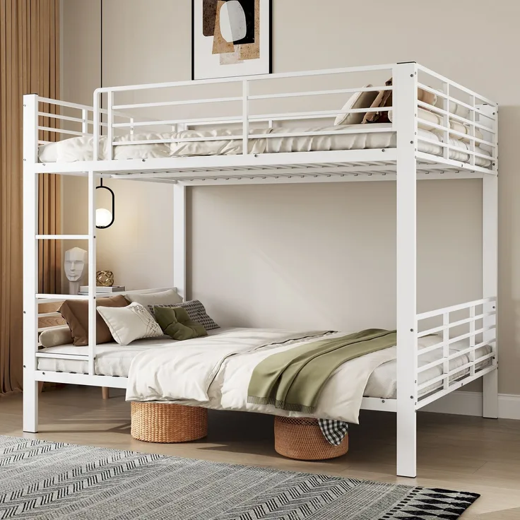 Abrihome Etagenbett Stockbett Metallbett Doppelbett, Weiß, 140x200 cm, Rausfallschutz, Leiter
