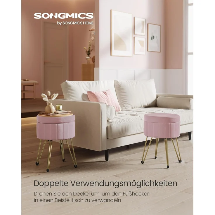 Songmics Sitzhocker Hocker (Schminktischhocker, Samt Schminkhocker), 4 Metallbeine, für Ankleidezimmer, Wohnzimmer, Schlafzimmer, rosa – Bild 4
