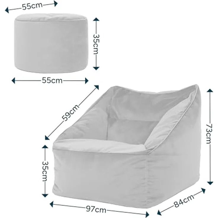 Icon Natalia Sitzsack Sessel mit Sitzpuff für Erwachsene, Dunkelblau, Flauschiger Samtstoff, Riesen Sitzsack Samt mit Füllung, Bean Bag Chair, Bequemer Sessel Wohnzimmer, Lounge, Schlafzimmer, Büro – Bild 4