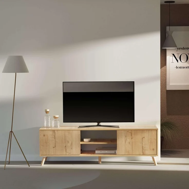 Muebles Pitarch | TV-Schrank mit Beinen, 2 Türen und Regal, industrieller Fernsehschrank, Eiche Gold, 55 x 160 x 40 cm, Wohnzimmermodul, Modern, Modell Oslo – Bild 7
