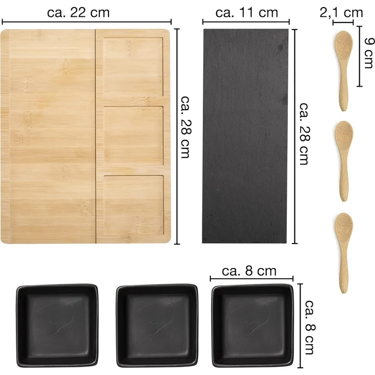 Moritz & Moritz Servierschale Schalen Set, Schiefer, Bambus, Keramik, (Set, 8-tlg), als Tapas Schalen und Dip Schälchen – Bild 2