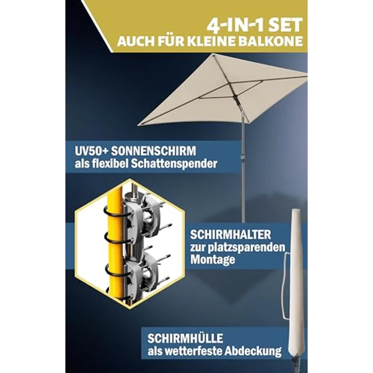 Menz Sonnenschirm Balkon - 4-IN-1 Sonnenschutz Balkon SET in Beige, UPF 50+ Sonnenschirm rechteckig 200x125 cm + 2 Stück Sonnenschirmhalter Balkongeländer + Sonnenschirmhülle, extrem stabil – Bild 7