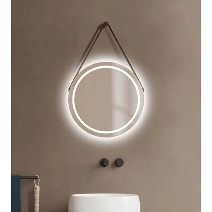 Talos LED Badspiegel CORVIA Shine, runder Spiegel Ø50 cm in matt Gold, feuchtraumgeeignet mit Aluminiumrahmen und hochwertigem Band in Lederoptik