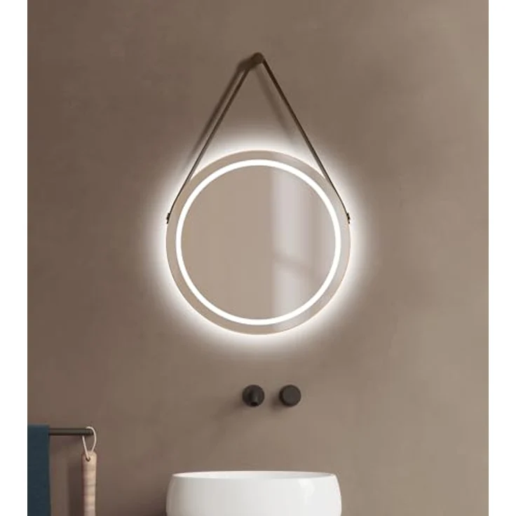Talos LED Badspiegel CORVIA Shine, runder Spiegel Ø50 cm in matt Gold, feuchtraumgeeignet mit Aluminiumrahmen und hochwertigem Band in Lederoptik – Bild 1