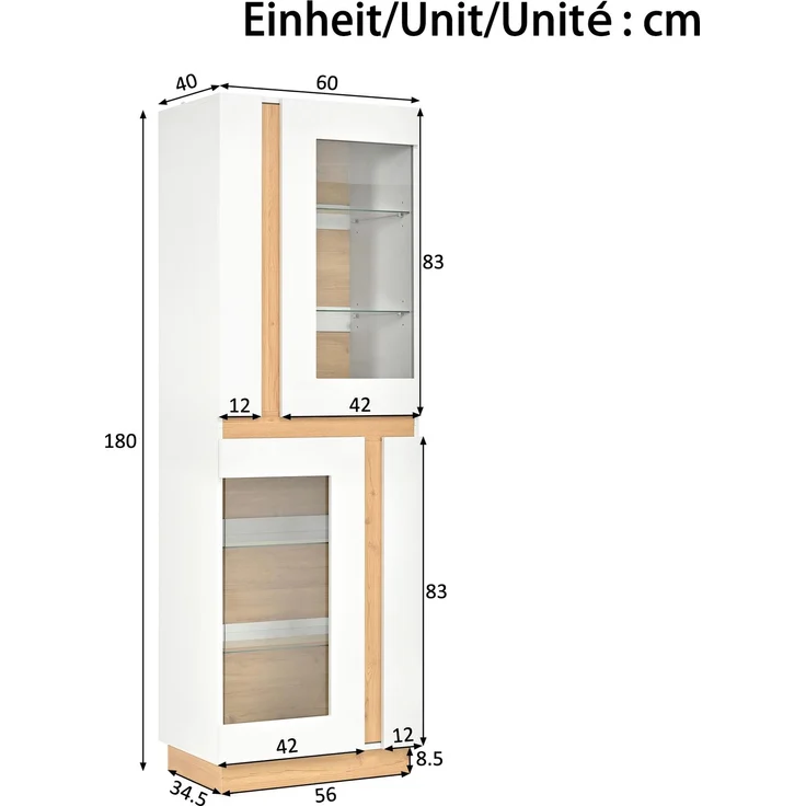 Vitrinenschrank mit LED-Beleuchtung, 2 Glastüren, Glasböden, geräumiger Ausstellungsschrank, Wohnzimmerschrank, Aufbewahrungsschrank aus PB – Bild 6