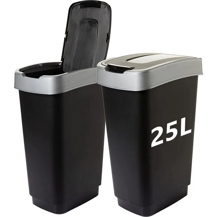 Centi Mülleimer 2 Abfalleimer 25 L mit Schwingdeckel, Mülleimer Küche, Mülltonne mit Deckel, Farbe: schwarz/silber, 33Lx25B x48H cm 25L