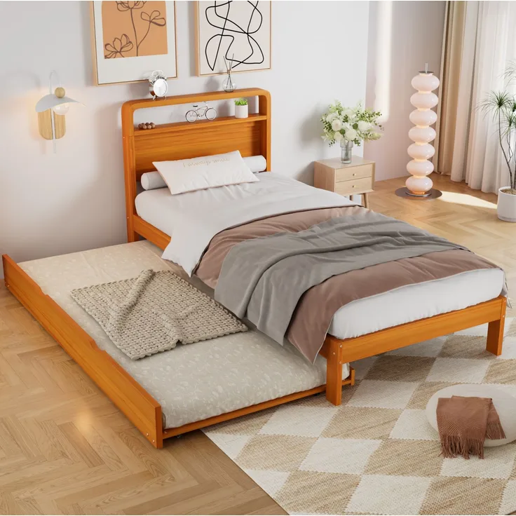 CHICFURN Ausziehbett Holz Natur 90x200 cm mit Gästebett 90x190 cm, links/rechts montierbar