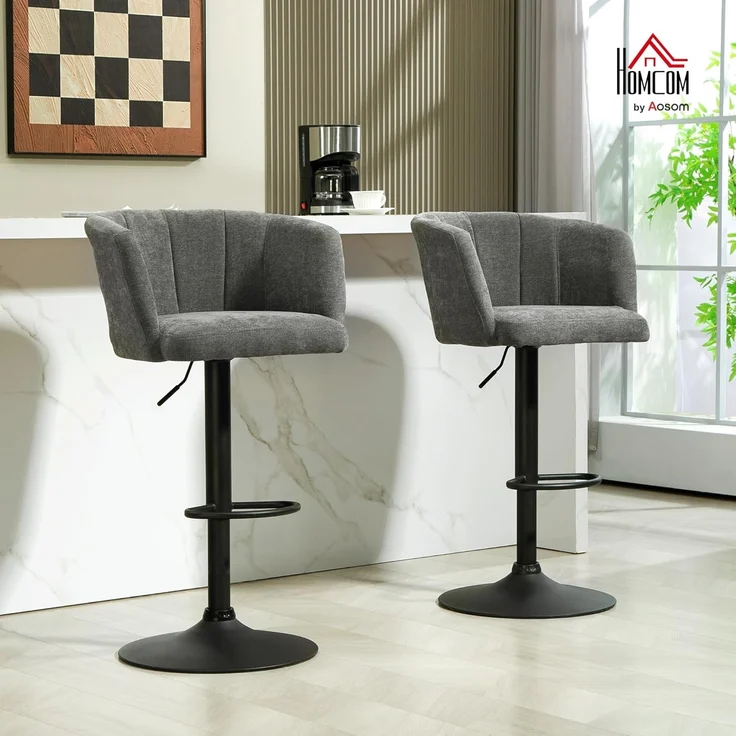 HOMCOM Barhocker 2er-Set, mit Fußstütze, drehbar, höhenverstellbar, mit Leinenbezug (Barstuhl, 2 St, Bistrohocker), für Wohnzimmer, Esszimmer, Dunkelgrau – Bild 2
