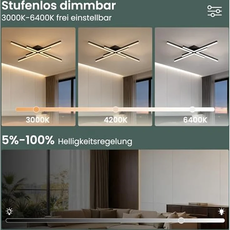 Mai & Mai LED Deckenleuchte Alivetta25039, Fernbedienung, stufenlos dimmbar 3000-6400K, 48W, Sandschwarz für Schlafzimmer, Wohnzimmer, Arbeitszimmer, Flur – Bild 2