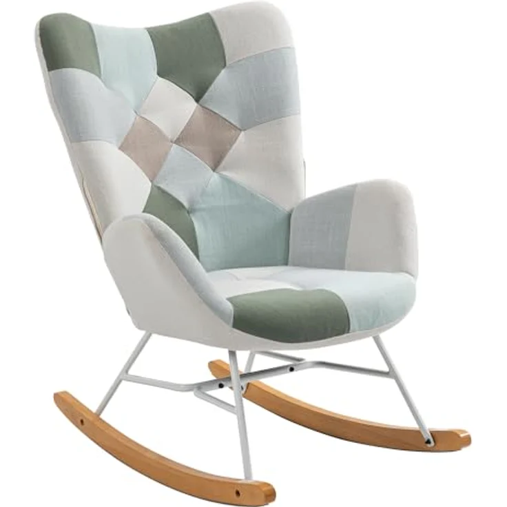 MEUBLE COSY Schaukelstuhl Sessel Schaukelsessel Stillstuhl Schwingstuhl mit Armlehnen Gepolsterter Sitzfläche für Wohnzimmer Schlafzimmer, Balkon, Stoff und Holzkufen, Bis 120 kg Belastbar, Patchwork – Bild 2