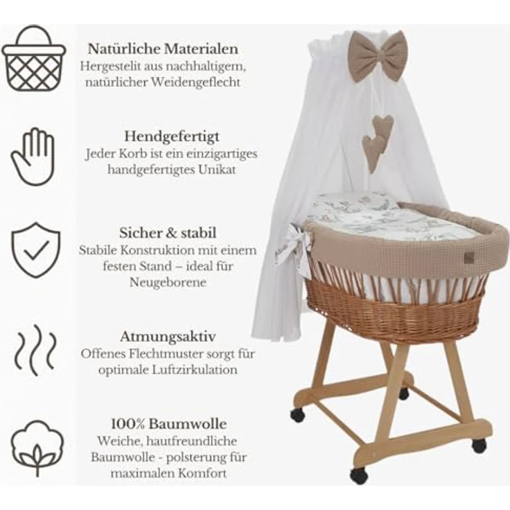 Wiklinopol Stubenwagen aus Weide mit Baldachin und Gestell Lena – Moseskorb in Natur, Komplettset mit 5-TLG. Waffel-Bettwäsche Safari Beige – Mit Rollen, Tragbar, Sicher – Bild 3