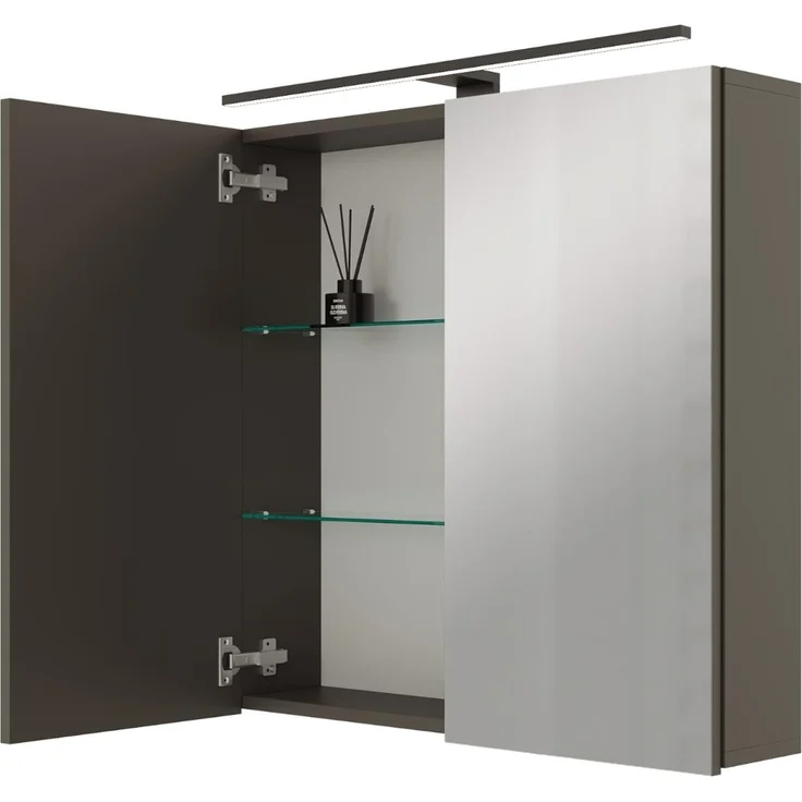 Planetmöbel ARIA Spiegelschrank Bad mit Beleuchtung 70 cm breit | Badschrank hängend mit Spiegel | Anthrazit, mit Leuchte und Steckdose, Spiegelschrank Gäste WC 70 x 70 x 16 cm – Bild 1