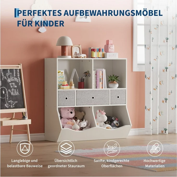GarveeMore Kinderregal Bücherregal Kinder Spielzeugregal mit 3 Schubladen 93x30x93cm – Bild 4