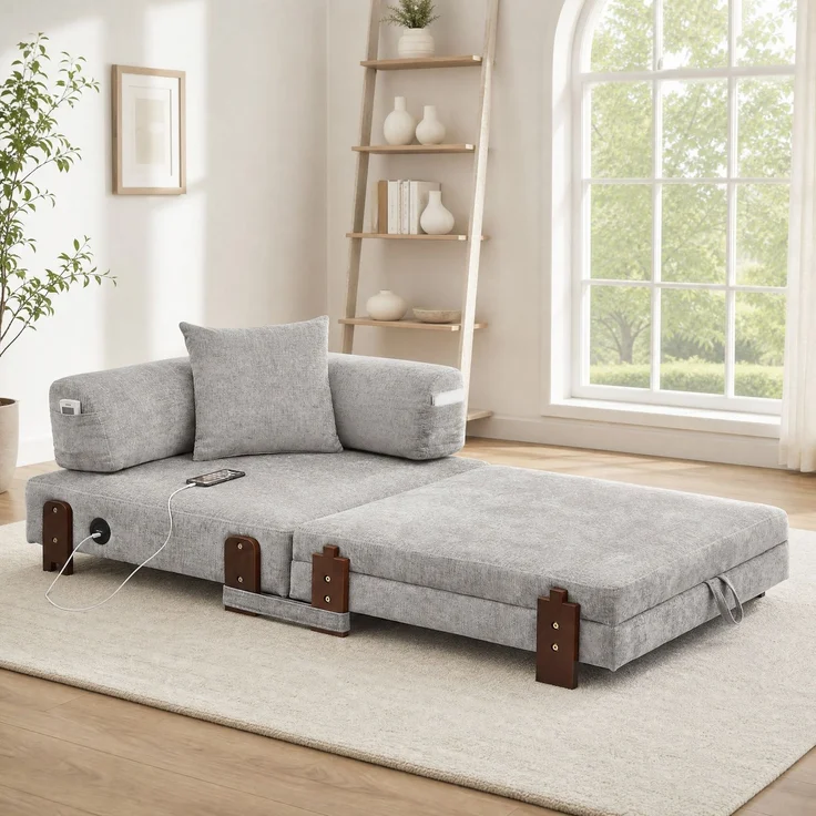 Schlafsofa mit Schlaffunktion, USB-Anschluss & Stauraum, 84x170,5x48 cm, Hellgrau – Bild 2