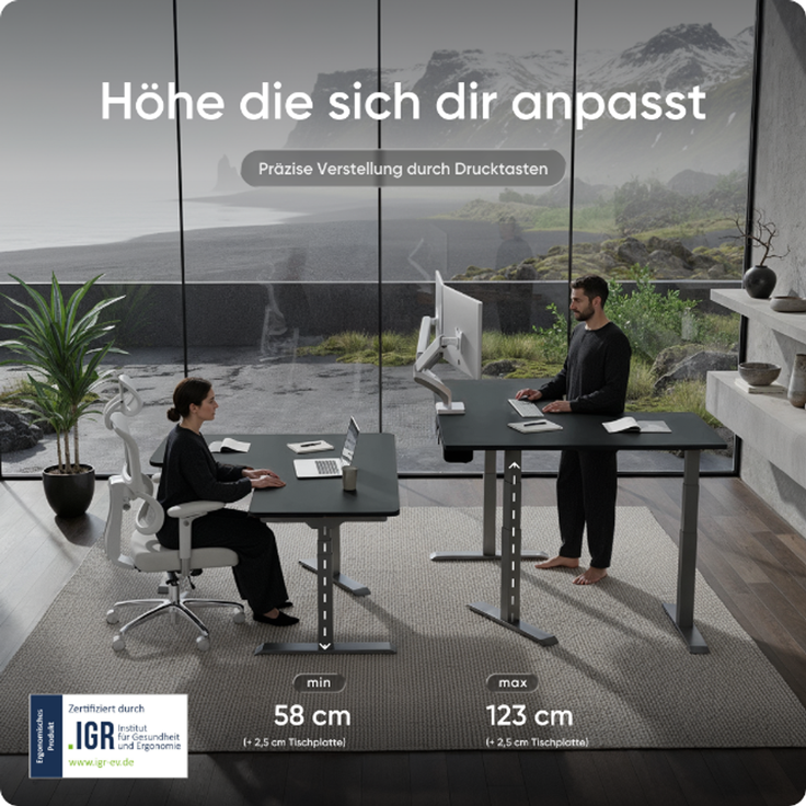 DESKSPACE CORNER Schreibtisch, Elektrisch höhenverstellbar, 160 x 130 x 70 cm, Schwarze Tischplatte, Graues Gestell – Bild 5