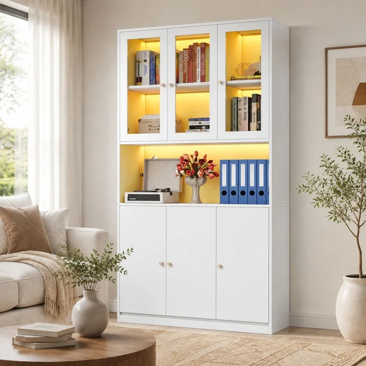 Bücherschrank mit Glasvitrine, LED-Beleuchtung & Kabelführung, 100x35x200 cm, Weiß – Bild 3