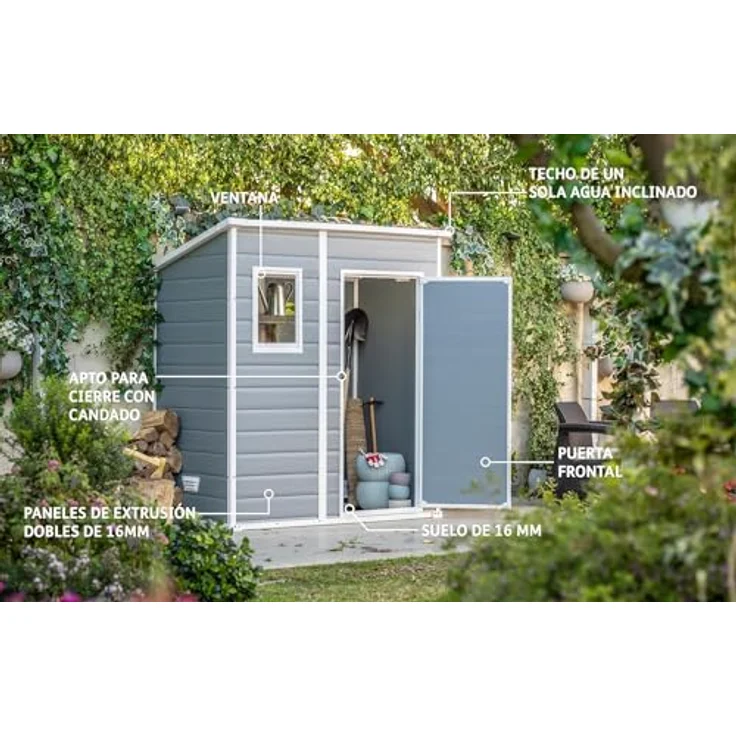 Keter Manor Pent 6x4 Gartenhaus wetterfest, Kunststoff, Outdoor, Außenmaße: BxTxH:183. 5 x 111 x 200. 5 cm, Innenmaße: 168. 5 x 97 x 154 cm, grau – Bild 3