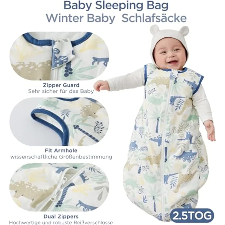 Duomiaomiao 2.5Tog Schlafsack Baby Ganzjahres, 100% Baumwolle Baby Schlafsack Winter, Mädchen Neugeboren,Warmer Schlafsack Neugeborene Kinder(Dinosaurier/70) – Bild 3