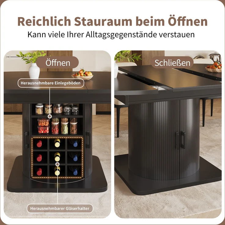 JARDJ Ausziehbarer Esstisch mit Stauraum, multifunktionaler Tisch mit herausnehmbaren Einlegeböden, platzsparender Küchentisch für kleine Räume und Esszimmer, MDF Tischplatte, Schwarze – Bild 9