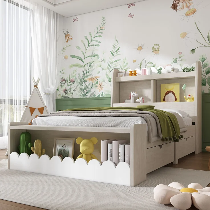Kinderbett Massivholz/MDF mit 2 Schubladen & Regal, 240x98x100 cm, Weiß/Eichefarben, ohne Matratze – Bild 3