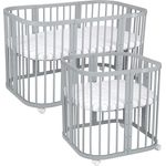 Waldin Babybett aus Holz 7in1 mit Matratze, mitwachsendes Kinder-Bett, belüftet, Boden 5-fach verstellbar, All-Inclusive-Set Holz grau, Ohne Stoffset