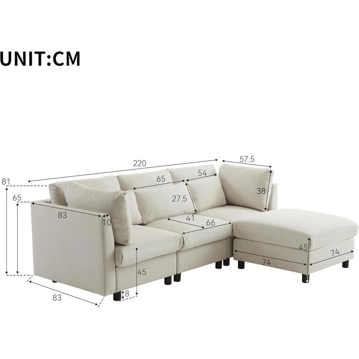 Ecksofa Polstermöbel Dreisitzer Wohnzimmersofa Fußhocker Beige – Bild 2
