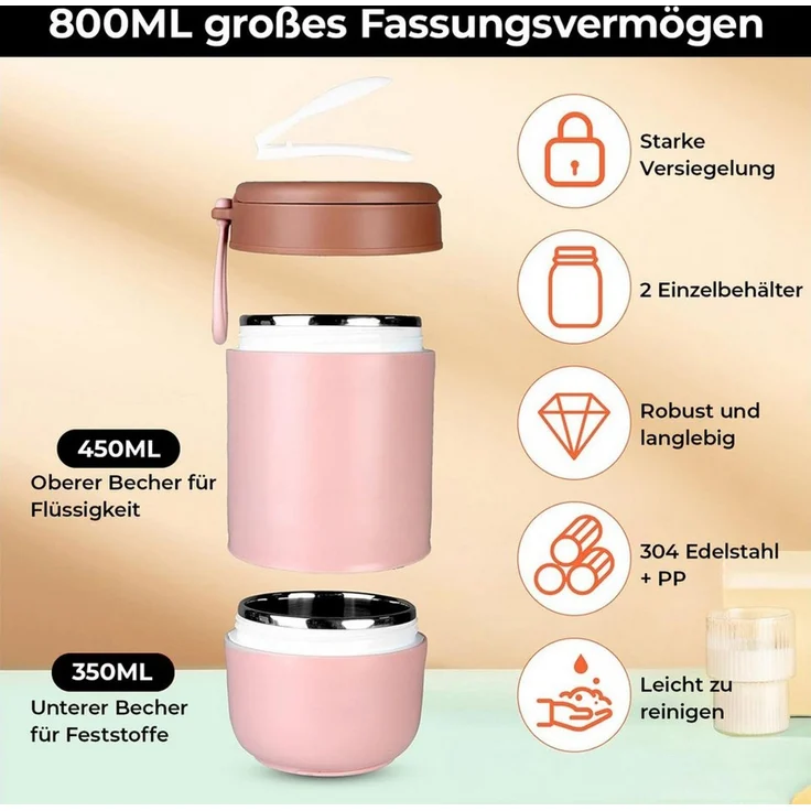 MOPUEA Lunchbox Müslibecher To Go 800 ml Thermobehälter Doppelwandig Joghurtbecher, (1-tlg), mit Löffel auslaufsicher – Bild 2