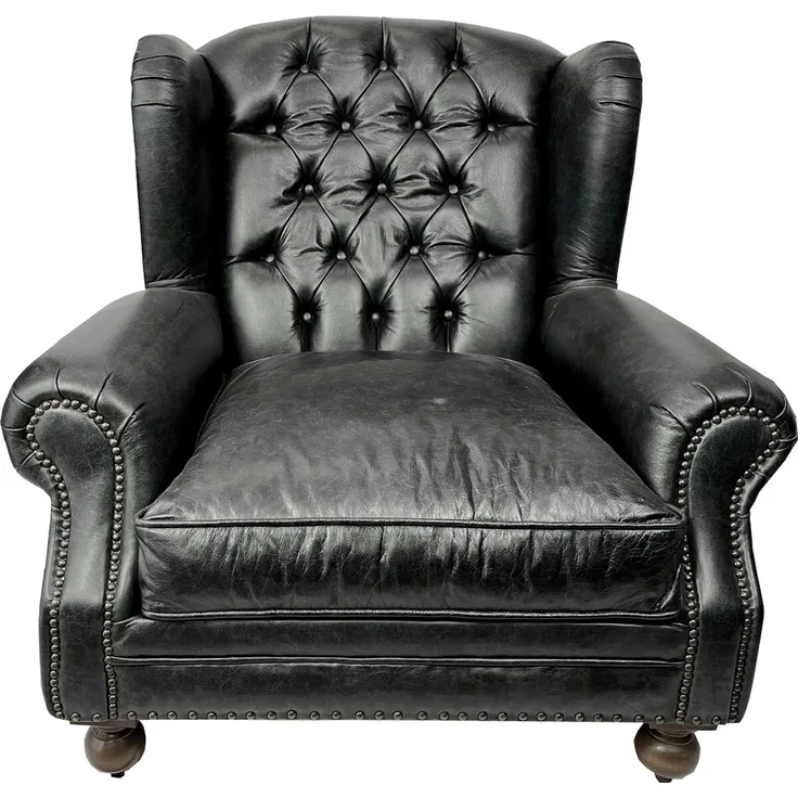Casa Padrino Luxus Chesterfield Leder Ohrensessel Vintage Schwarz / Dunkelbraun - Chesterfield Echtleder Wohnzimmer Sessel - Wohnzimmer Möbel - Chesterfield Möbel - Echtleder Möbel - Luxus Möbel