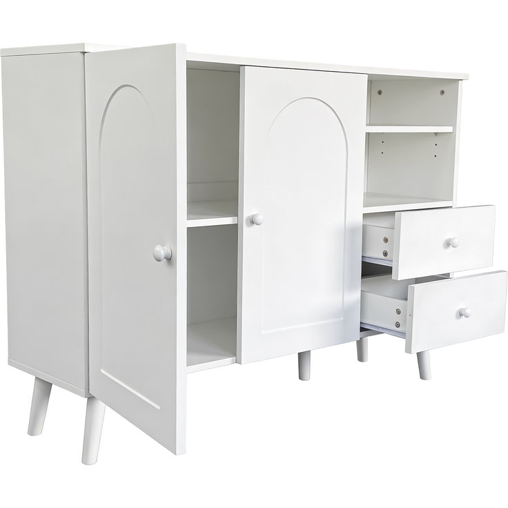 Merax Sideboard, gewölbte Türen, Holzgriffe, Holzfüße, mit 2 Türen, 2 Schubladen und 2offenem Fach, Mehrfachaufbewahrung, Weiß – Bild 9