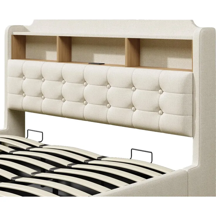 Polsterbett mit LED-Streifen, Type-C, USB und Stauraum, in schwebender Optik, gepolsterter Kopfteil, 180x200 cm, Doppelbett, Stauraumbett, Leinen – Bild 9