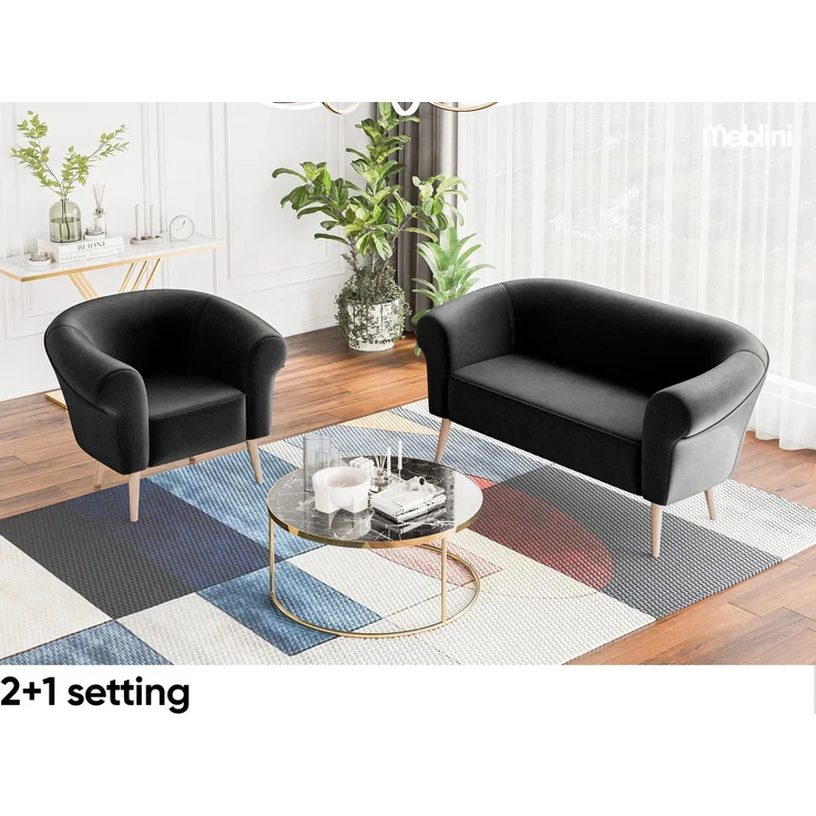 MEBLINI Mini Sofa Set 2-1 für Wohnzimmer - Mini Lounge für drei Personen - Küchensofa - Sofa Klein - Sitzgarnitur - Polstergarnitur - Sofagarnituren - EMILIA - 2+1 - Schwarz Samt – Bild 2