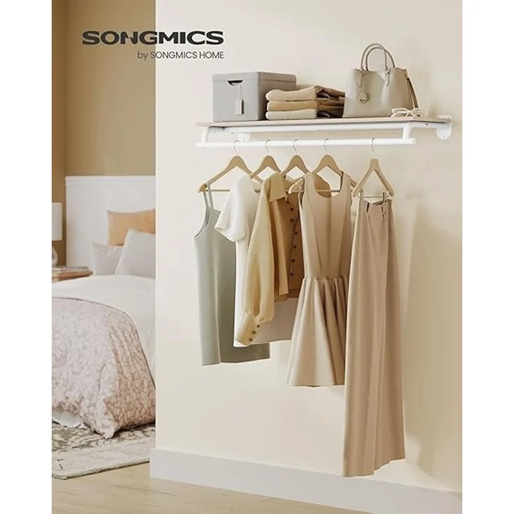 SONGMICS Wandgarderobe, Garderobe, Wandregal mit Kleiderstange, Gesamtbelastbarkeit 60 kg, 28 x 109 x 13,2 cm, für Schlafzimmer, Ankleidezimmer, naturbeige-wolkenweiß HSRDE135W01 – Bild 1