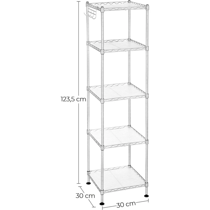Songmics Badezimmerregal, Standregal, Metallregal, bis 100 kg belastbar, mit 5 PP-Platten, abnehmbare Haken, 30 x 30 x 123,5 cm, erweiterbar, für kleine Räume, silbern-transparent LGR023S01 – Bild 7