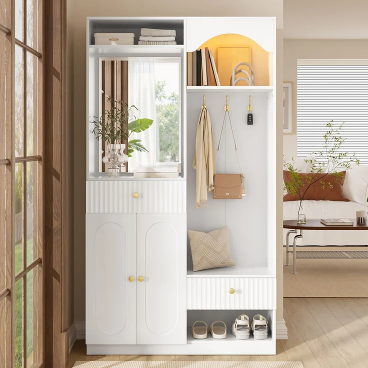 Kompaktgarderobe mit Spiegel und Sitzbank,Flurgarderobe mit Schuhschrank und Haken, Kleiderhaken,Kompaktgarderobe,Flurmöbel Set,Flurgarderobe – Bild 2
