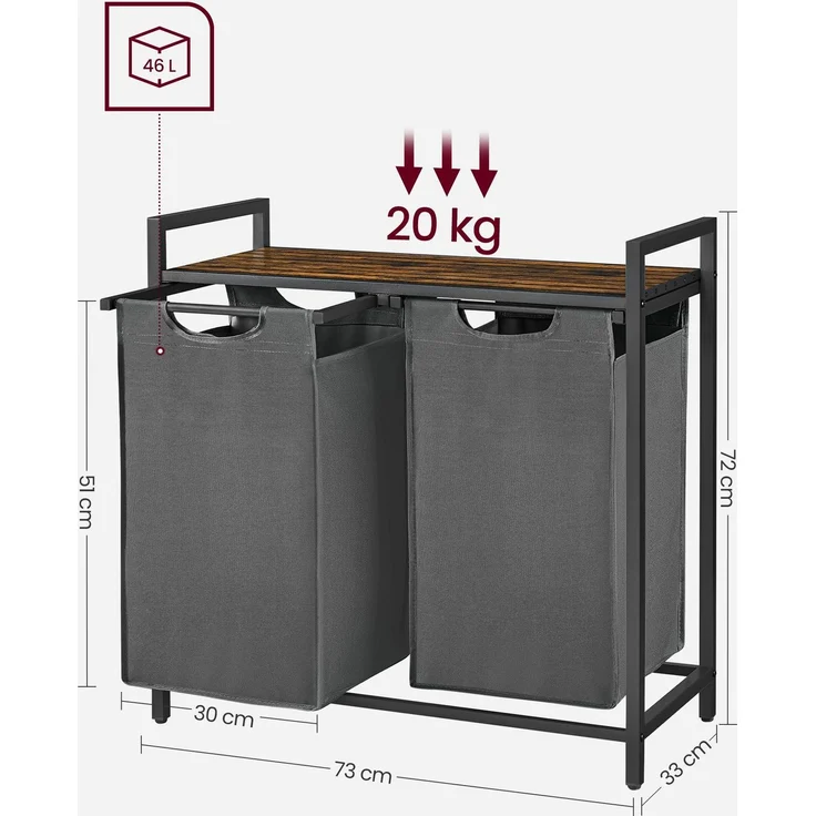Vasagle Wäschekorb mit 2 Fächer, Metallrahmen Kamelbraun/Grau, 2x46 L / 73 x 33 x 72 cm – Bild 5