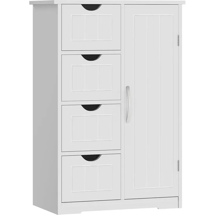 Sweetcrispy Badezimmerschrank 24 Inches Hoch Modern, mit 4 Schubladen & 1 Tür, Hochglanz Weiß mit Einboden & Großem Stauraum, Schmale Badkommode, Badezimmer Kommode