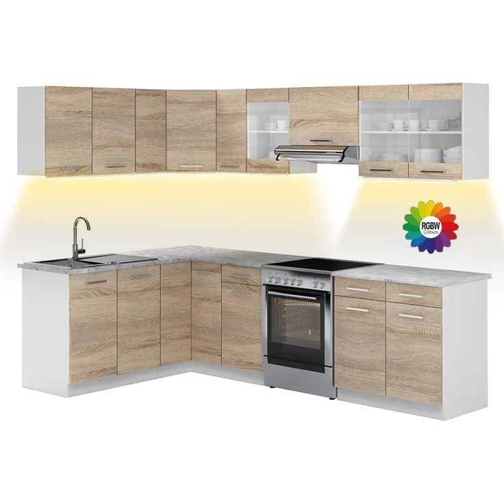 Eckküche R-Line Sonoma/Weiß 267 x 167 cm, AP Marmor mit LED-Leisten Vicco – Bild 1